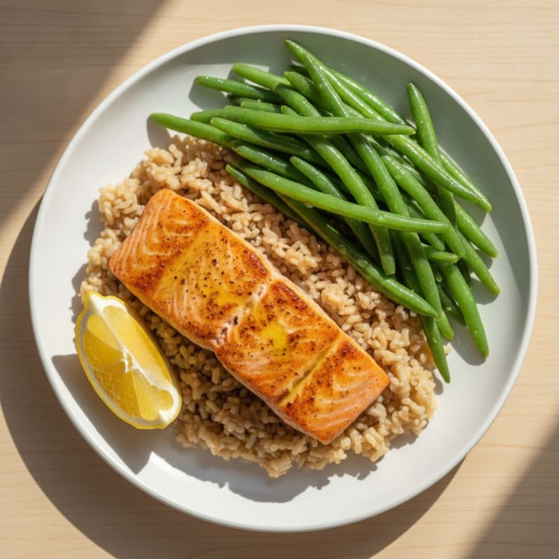 Seared Salmon with Steamed Green Beans and Brown Rice