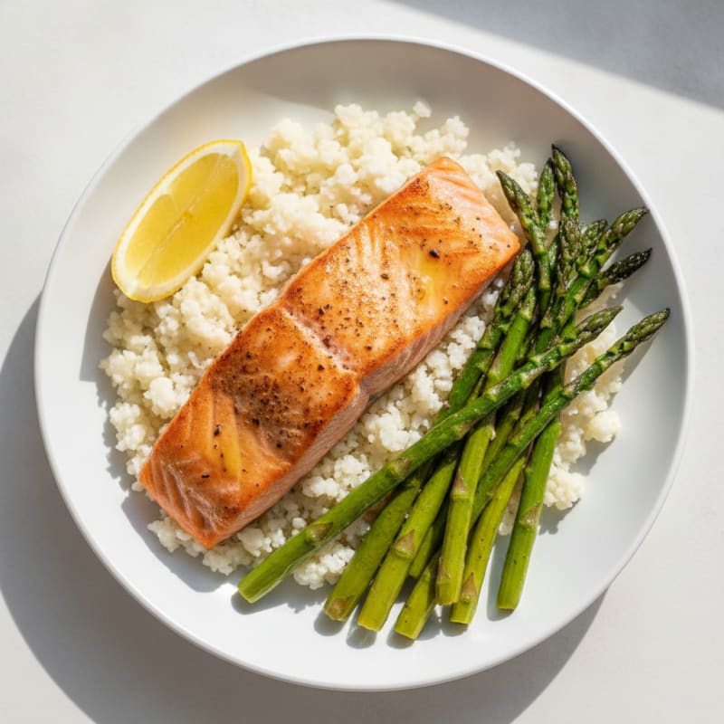 Seared Salmon with Roasted Asparagus and Cauliflower Rice