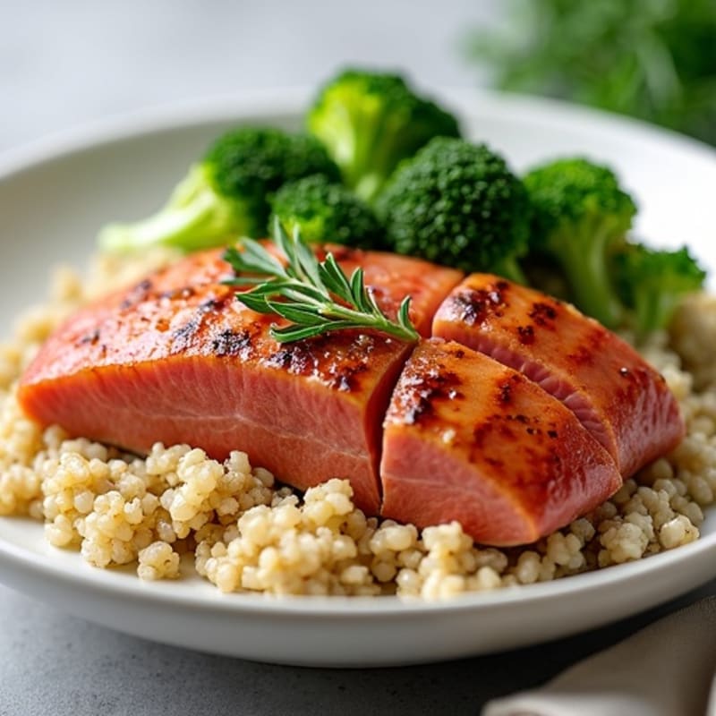Seared Tuna with Steamed Broccoli and Ginger Soy Quinoa