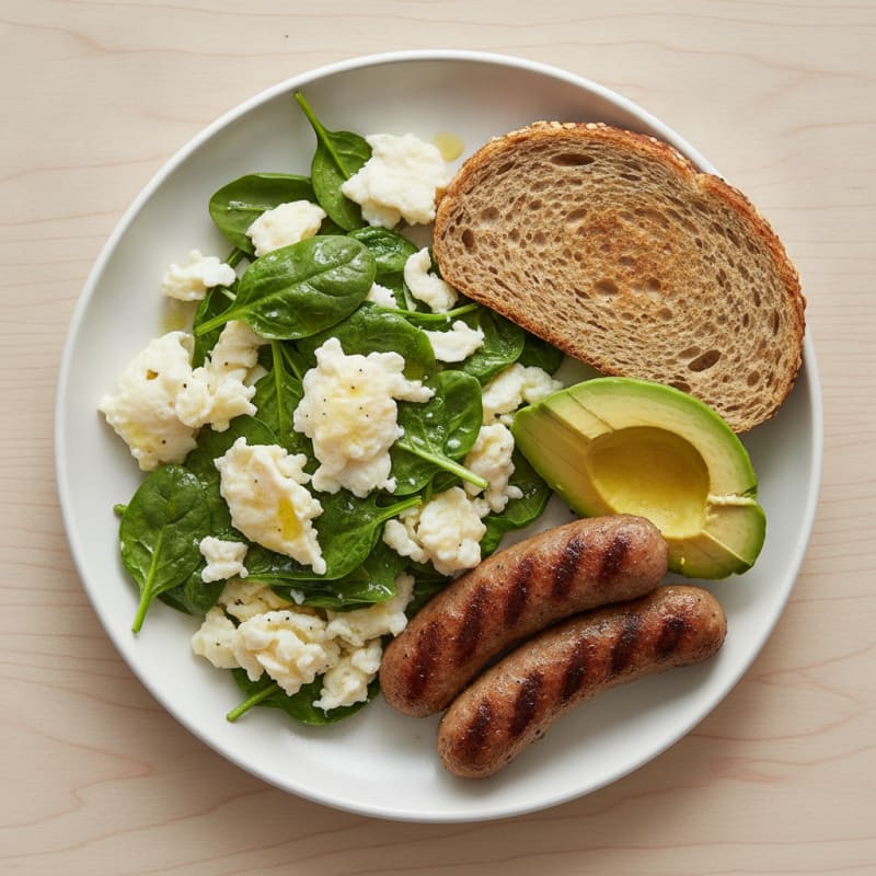 Egg White Spinach Scramble with Grilled Turkey Sausage