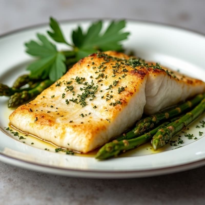 Pan-Seared Flaky White Fish with Lemon Herb Roasted Asparagus