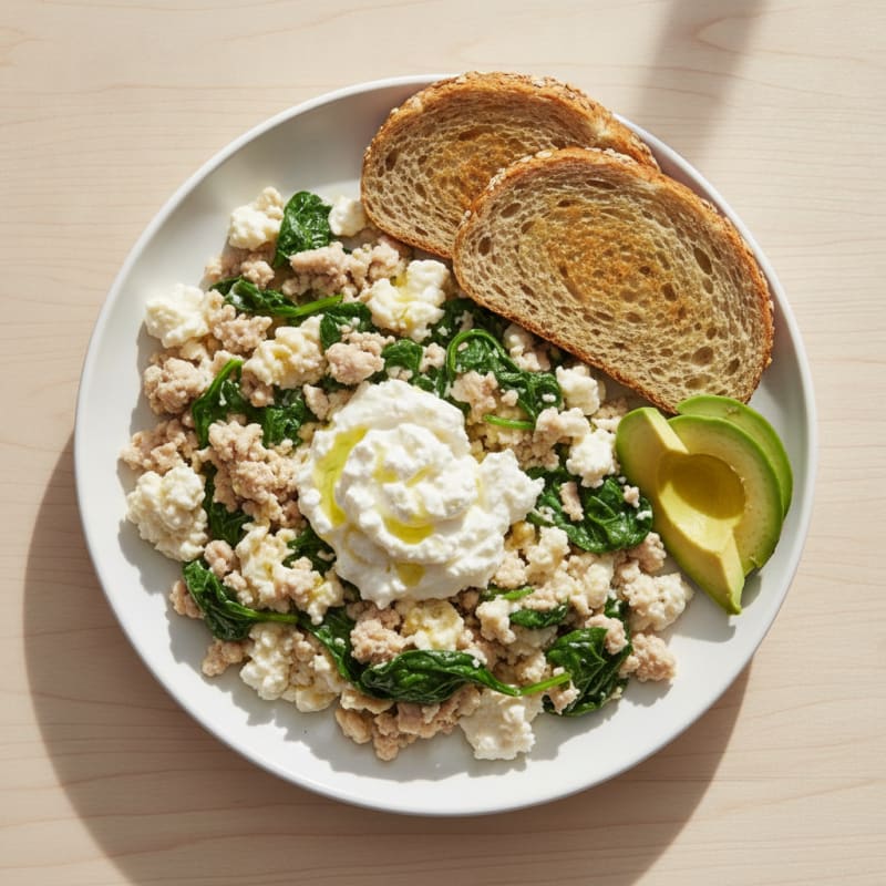 Egg White and Turkey Spinach Scramble with Cottage Cheese