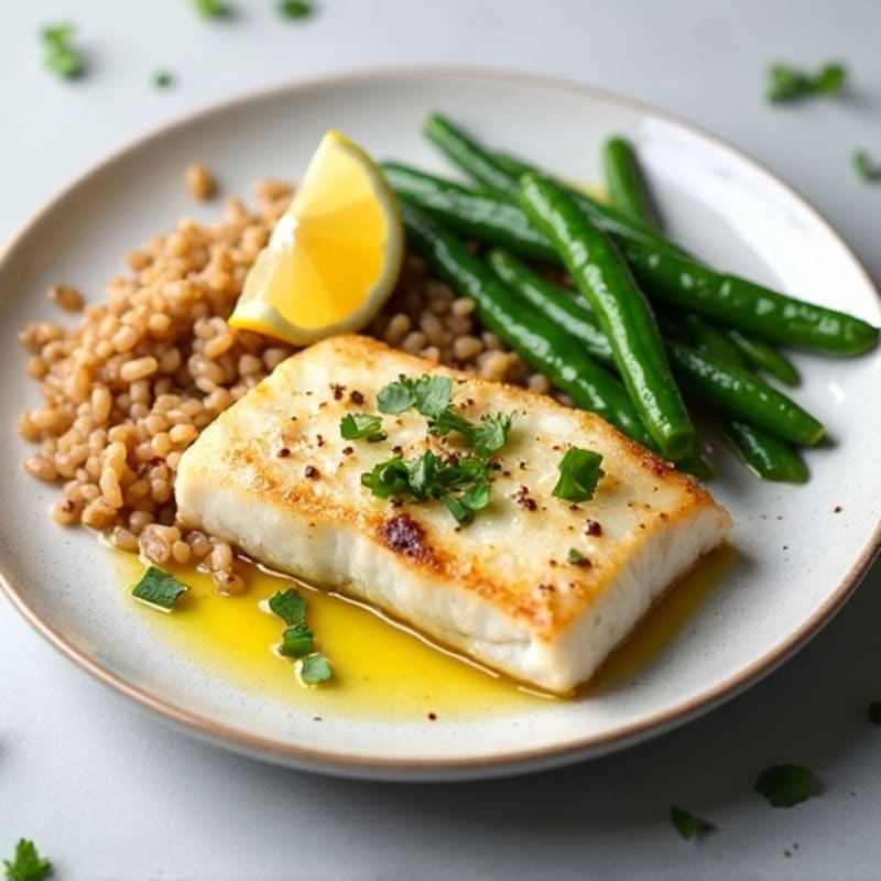 Baked Cod Fillet with Steamed Green Beans and Brown Rice