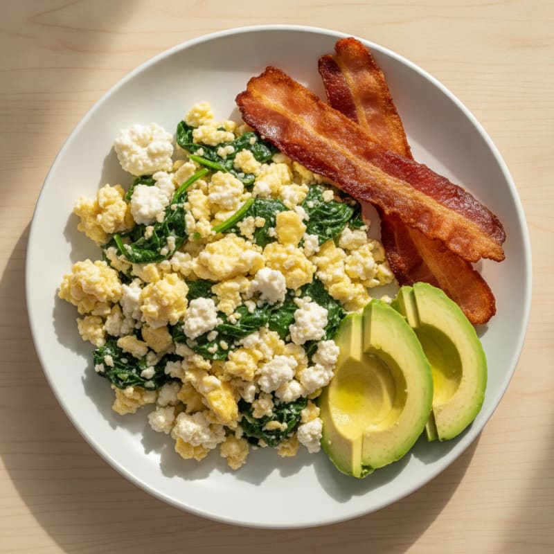 Cottage Cheese Scramble with Spinach and Turkey Bacon