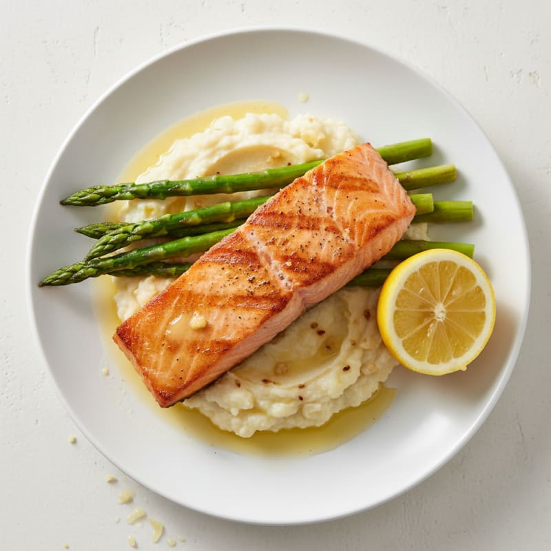 Seared Salmon Fillet with Asparagus and Cauliflower Mash