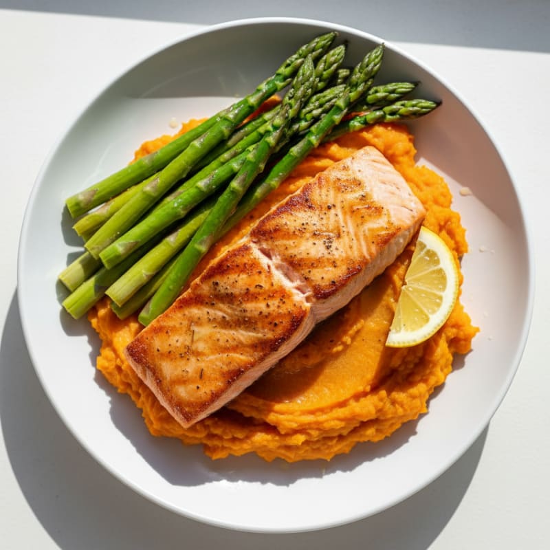 Seared Salmon with Steamed Asparagus and Sweet Potato Mash