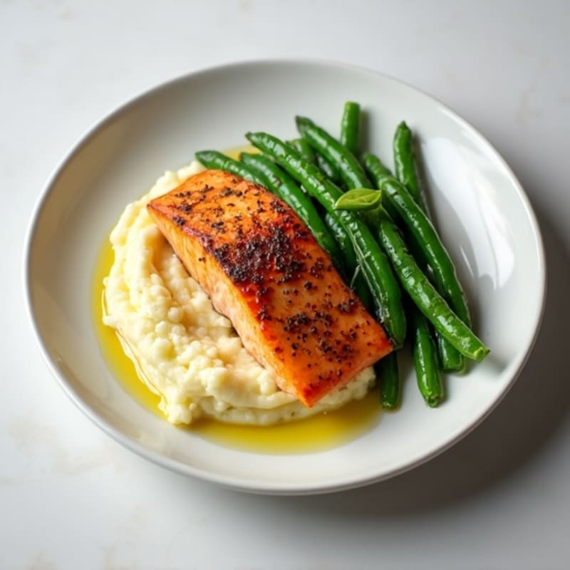 Seared Salmon with Steamed Green Beans and Cauliflower Mash