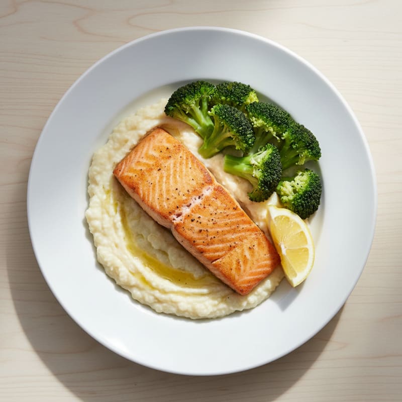 Seared Salmon Fillet with Steamed Broccoli and Garlic Cauliflower Mash