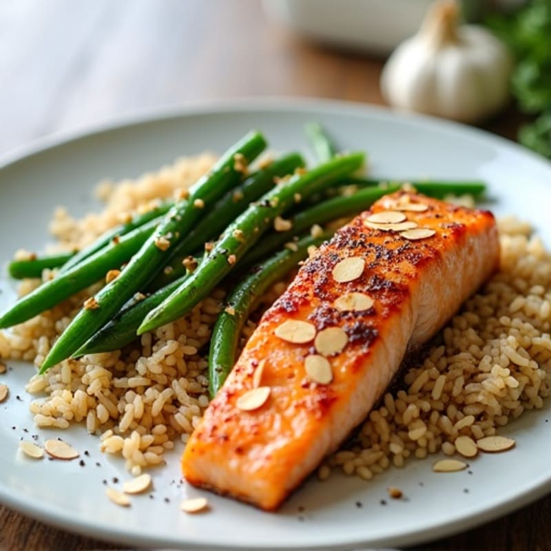 Seared Salmon with Garlic Green Beans and Brown Rice