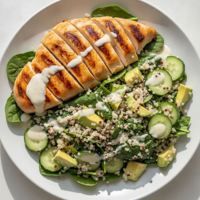 Grilled Chicken Breast with Creamy Quinoa Spinach Salad