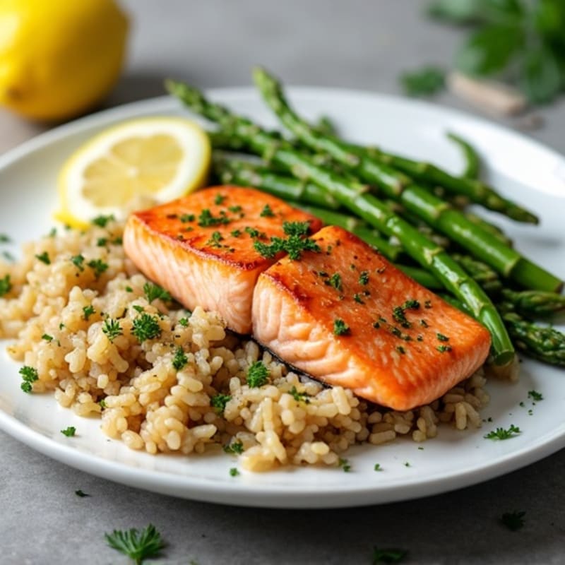 Seared Salmon Fillet with Steamed Asparagus and Herbed Brown Rice