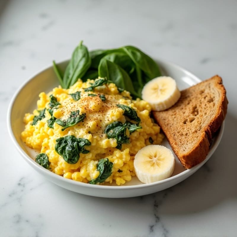 Egg White Scramble with Spinach, Cottage Cheese, Toast, and Banana