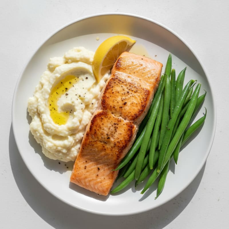 Seared Salmon with Steamed Green Beans and Garlic Mashed Cauliflower