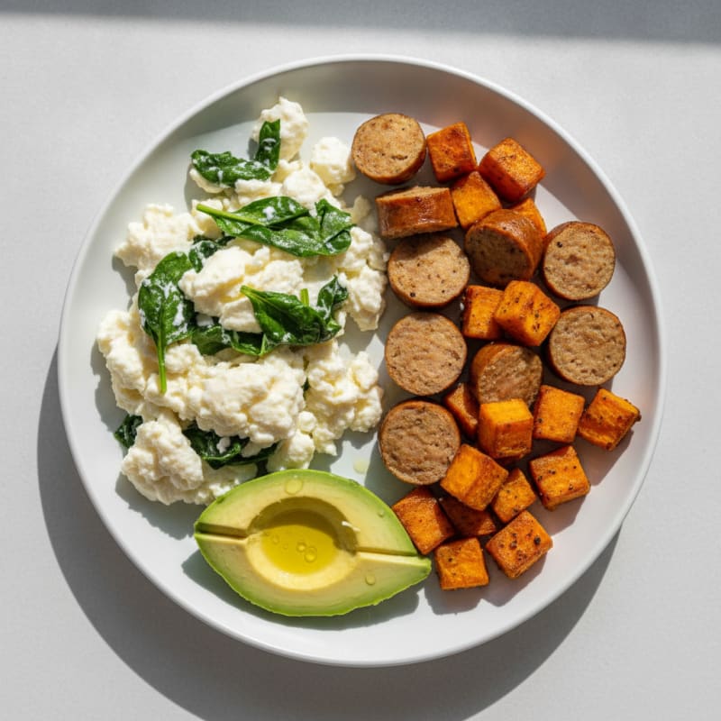 Egg White Scramble with Turkey Sausage and Sautéed Spinach