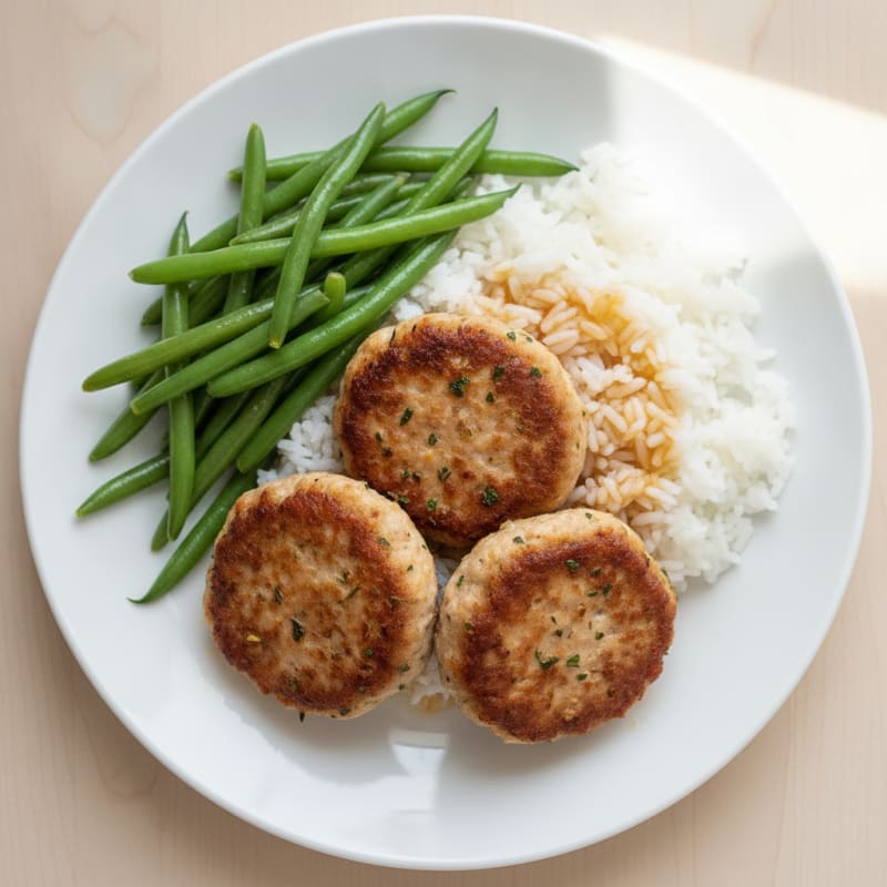 Seared Ground Turkey Patties with Steamed Jasmine Rice and Green Beans