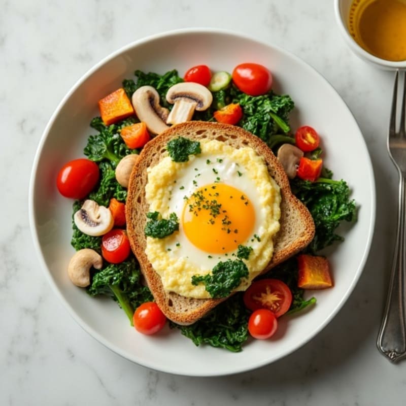Egg White Veggie Scramble with Cottage Cheese and Sautéed Spinach