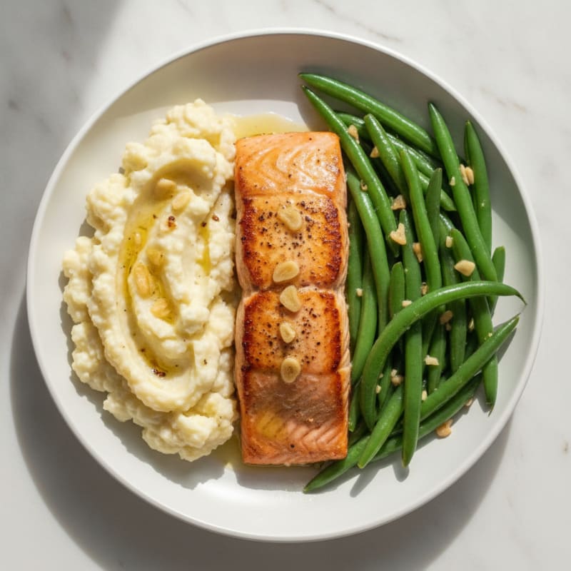 Seared Salmon with Steamed Green Beans and Garlic Mashed Cauliflower