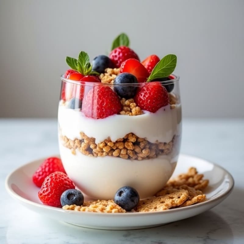 Plant-Based Yogurt Protein Parfait with Mixed Berries and Protein Crispies