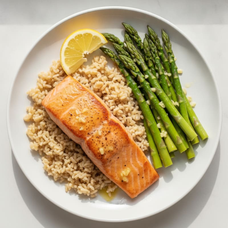 Seared Salmon with Lemon-Garlic Asparagus and Brown Rice