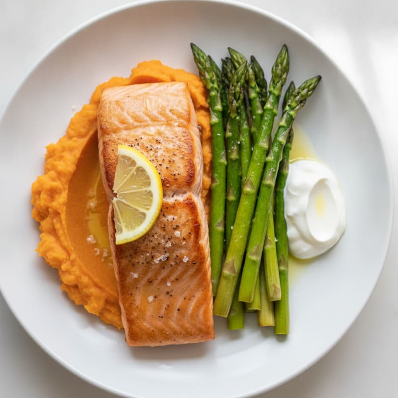 Seared Salmon Fillet with Roasted Asparagus and Sweet Potato Mash