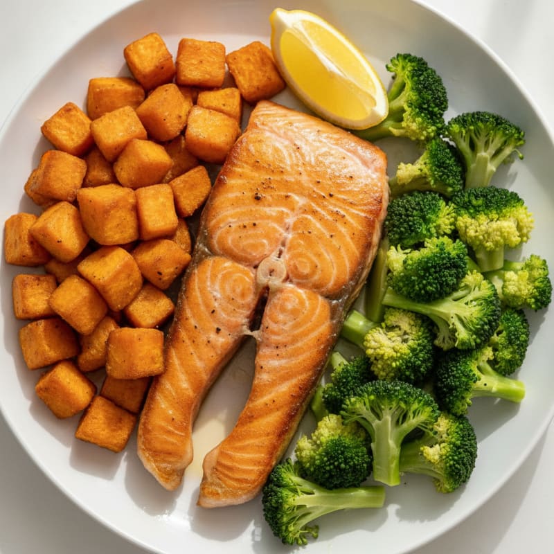 Seared Salmon with Roasted Sweet Potatoes and Steamed Broccoli