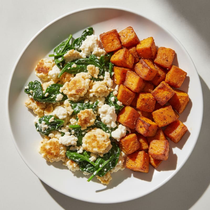 Cottage Cheese and Egg Scramble with Spinach and Roasted Sweet Potatoes