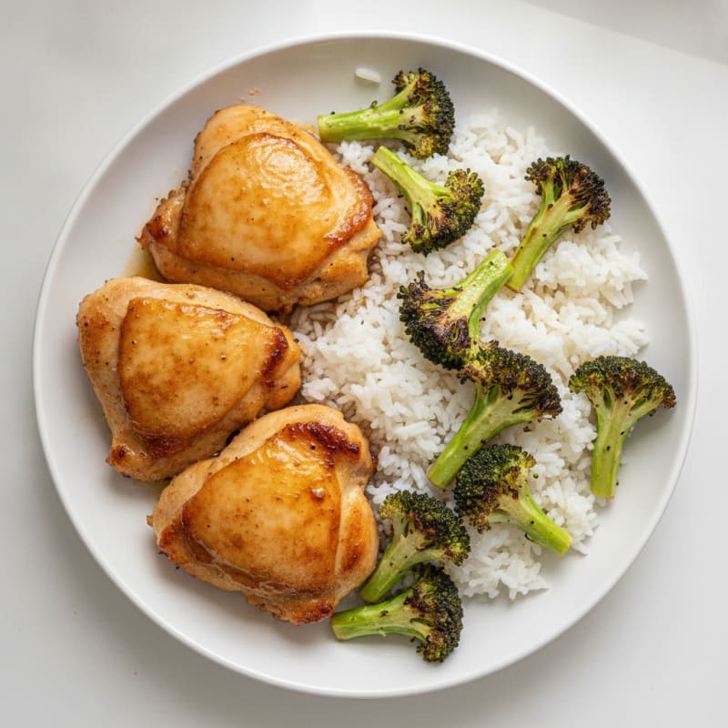 Seared Chicken Thighs with Steamed Rice and Roasted Broccoli