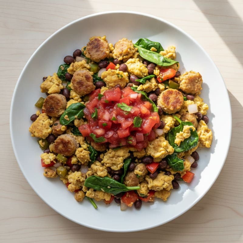 Crispy Turkey Sausage and Vegetable Egg Scramble with Black Beans