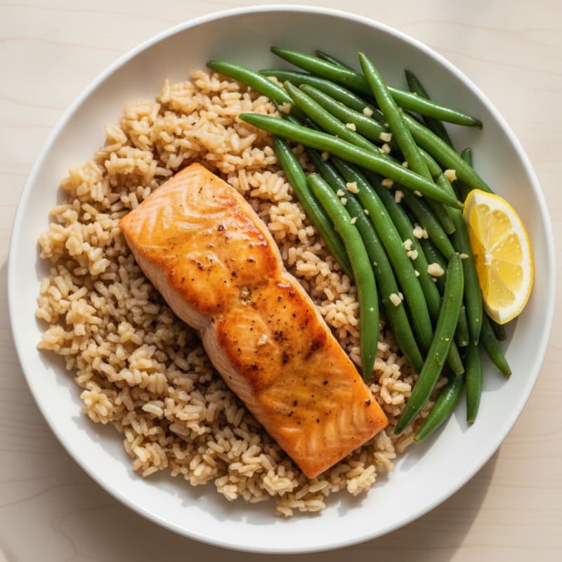 Seared Salmon with Garlic Green Beans and Brown Rice
