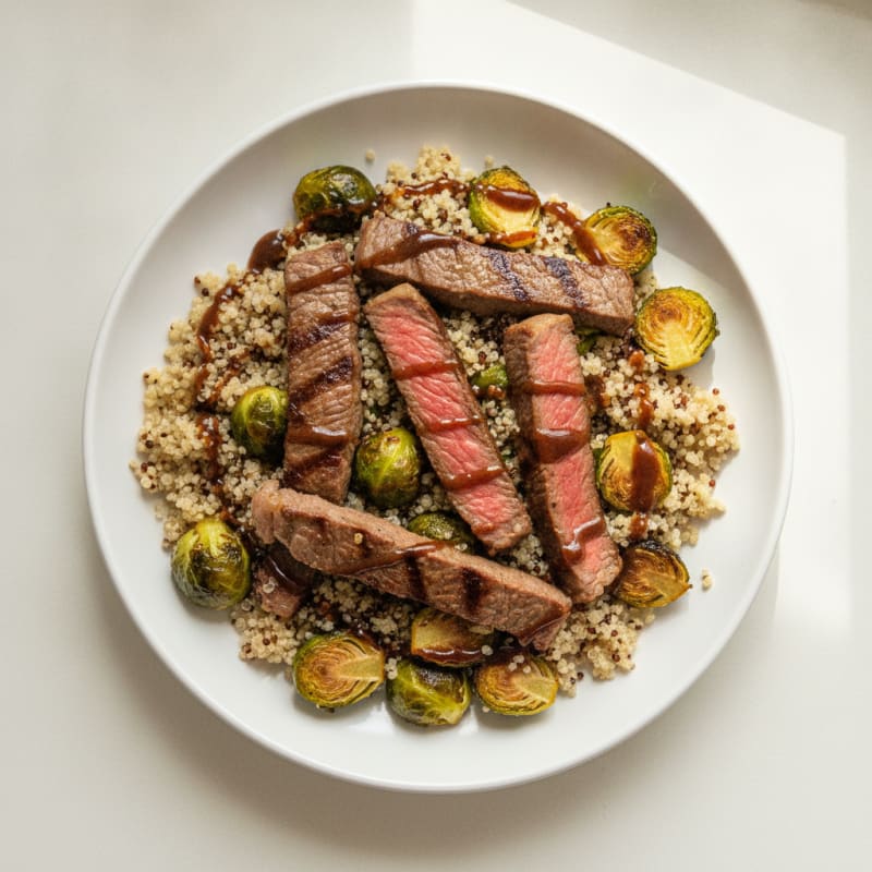 Seared Lean Beef Strips with Quinoa and Roasted Brussels Sprouts
