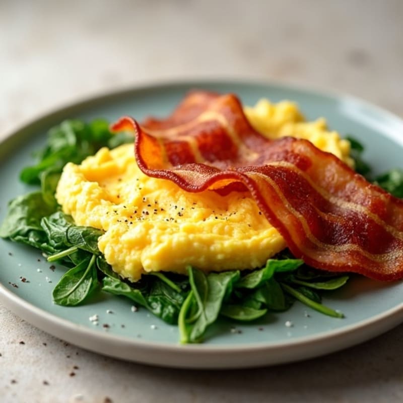 Fluffy Scrambled Eggs with Fresh Spinach and Crispy Turkey Bacon