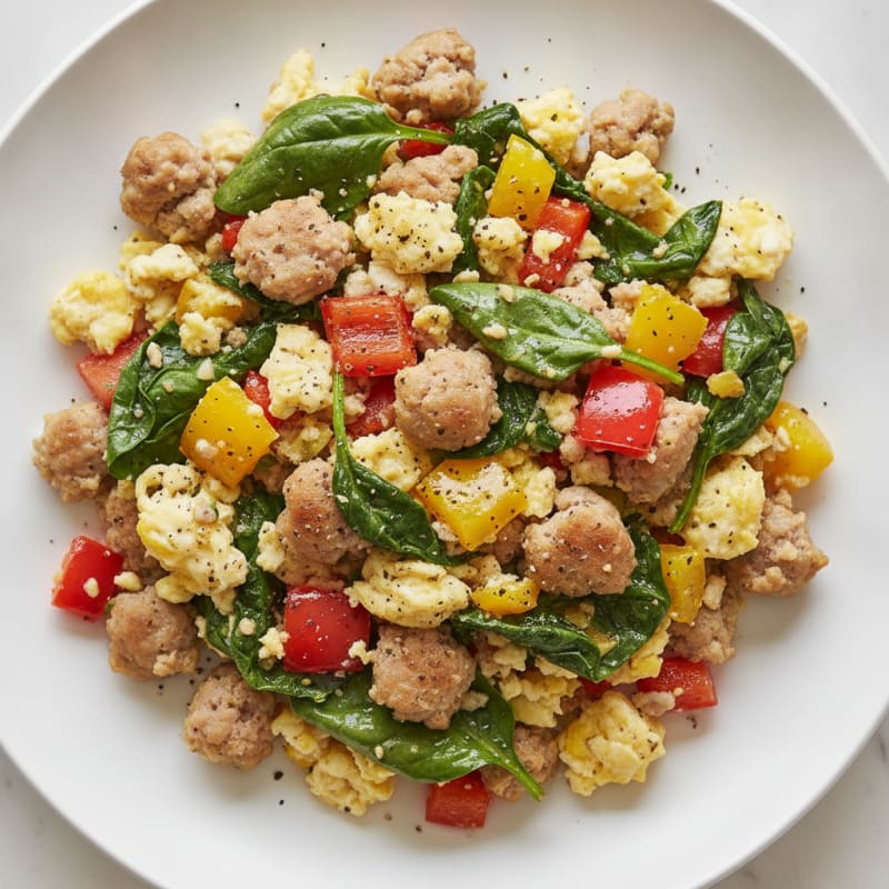 Egg White and Turkey Sausage Scramble with Spinach and Bell Peppers