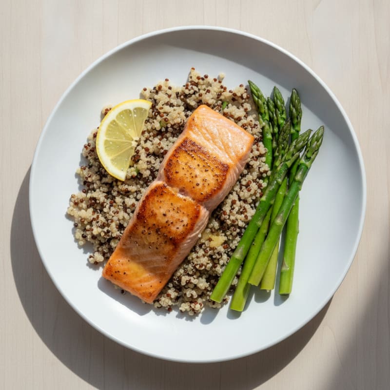Seared Salmon Fillet with Steamed Asparagus and Quinoa