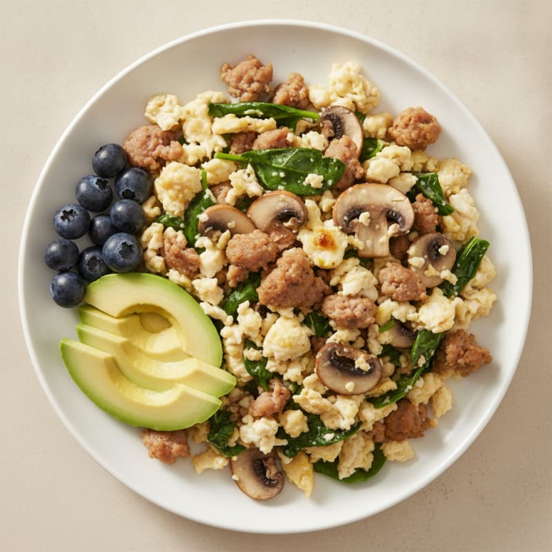 Egg White and Turkey Sausage Scramble with Spinach and Mushrooms