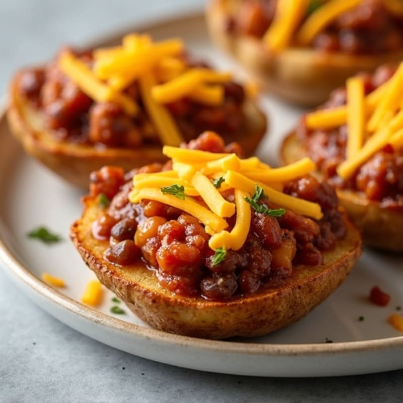 Crispy Potato Skins with Hearty Chili and Melted Cheddar