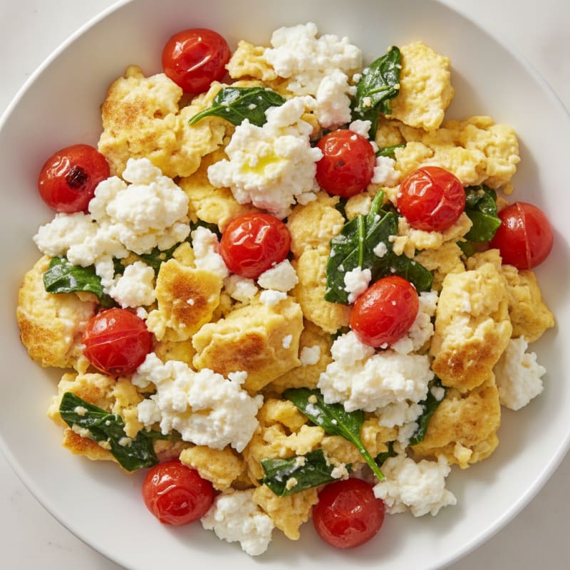 Cottage Cheese Egg Scramble with Spinach and Cherry Tomatoes