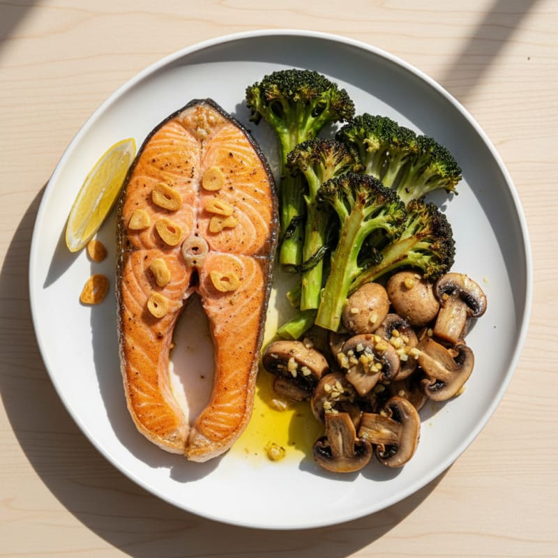 Seared Salmon Fillet with Roasted Broccoli and Garlic Mushrooms
