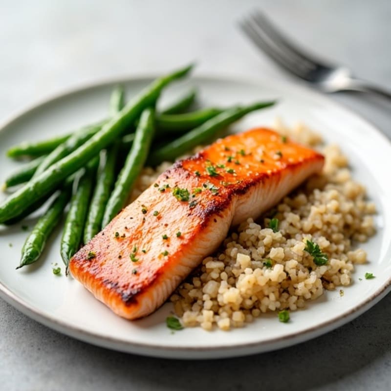 Seared Salmon with Garlic Green Beans and Brown Rice