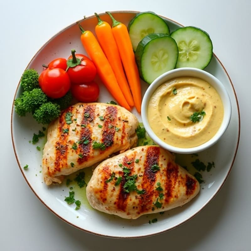 Grilled Lemon-Herb Chicken with Creamy Garlic Hummus and Fresh Crisp Vegetables