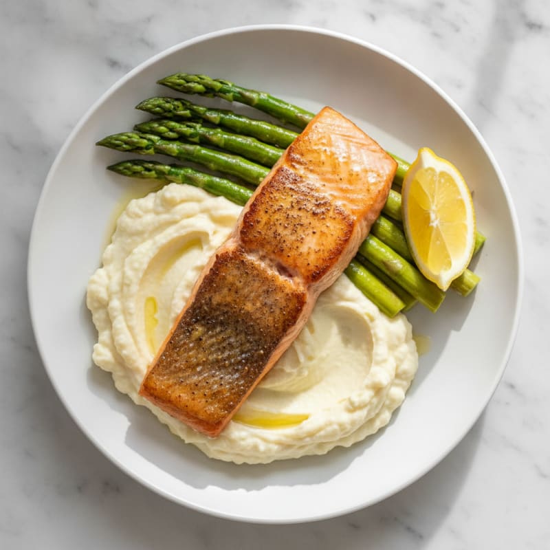 Seared Salmon with Steamed Asparagus and Mashed Cauliflower