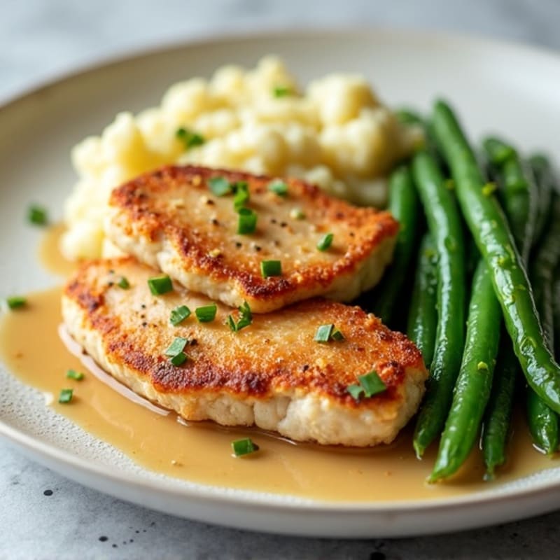 Seared Turkey Cutlets with Garlic Green Beans and Mashed Cauliflower