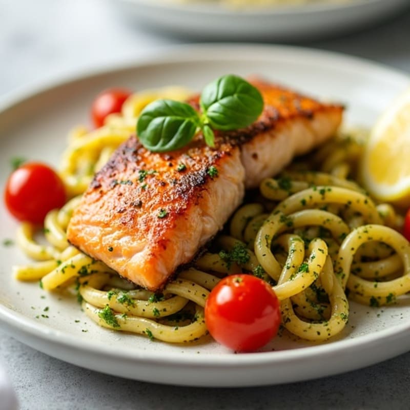 Crispy Pan-Seared Salmon with Fresh Pesto Pasta