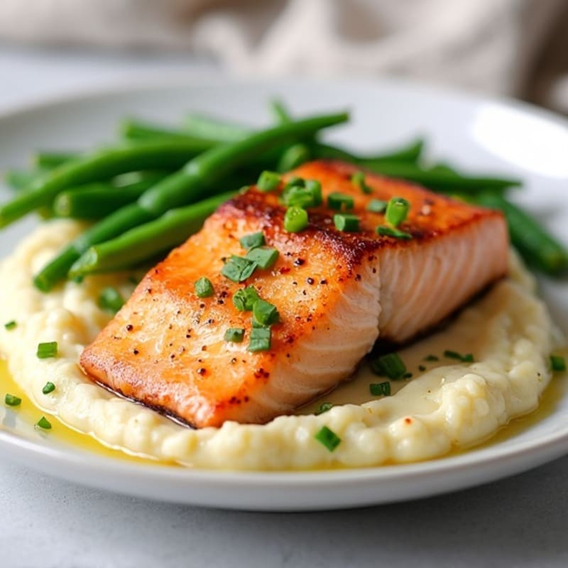 Seared Salmon with Steamed Green Beans and Garlic Cauliflower Mash