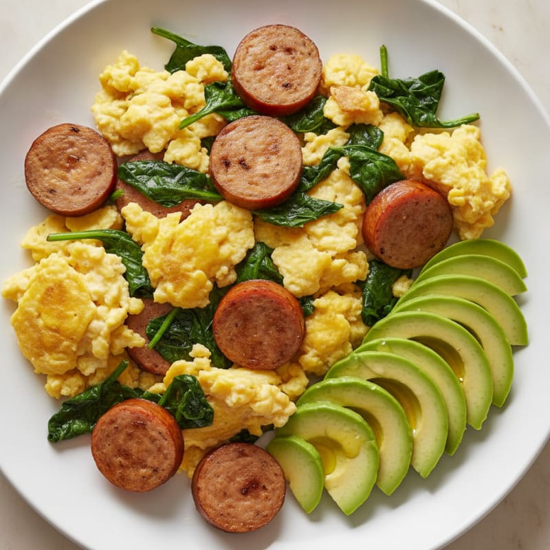 Scrambled Eggs with Sautéed Spinach and Turkey Sausage