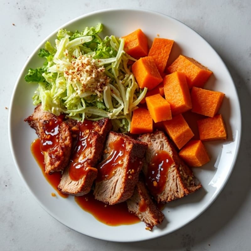 Slow Cooker BBQ Pulled Pork with Crispy Slaw and Roasted Sweet Potatoes