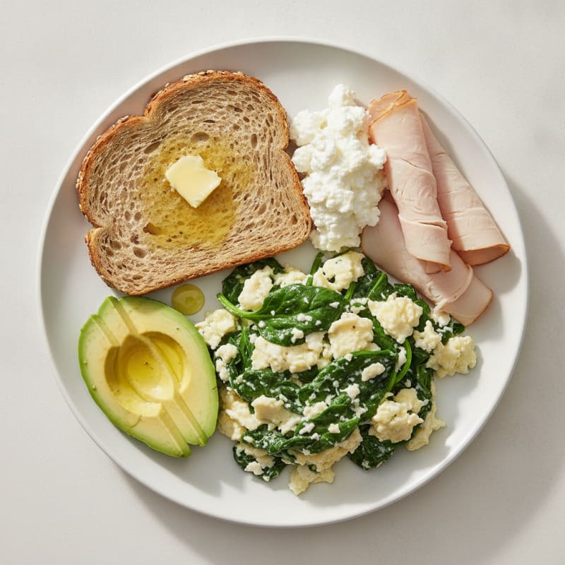 Egg White and Spinach Scramble with Cottage Cheese and Sliced Turkey