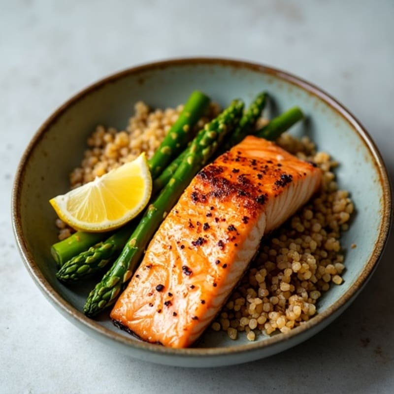 Crispy Pan-Seared Salmon with Roasted Asparagus and Quinoa