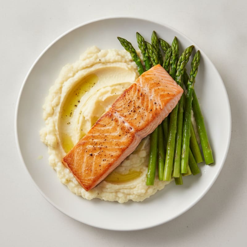 Seared Salmon with Steamed Asparagus and Cauliflower Mash