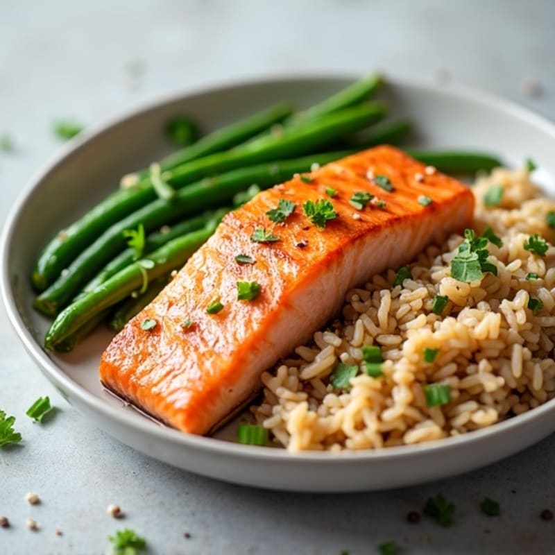 Seared Salmon with Garlic Green Beans and Brown Rice
