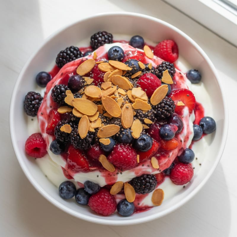 Greek Yogurt Protein Parfait with Mixed Berries and Almonds